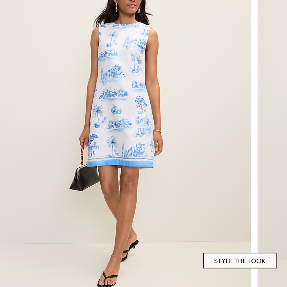 Sleeveless White Shift Dress with Blue Toile Print Ann Taylor - Picture 2 of 3